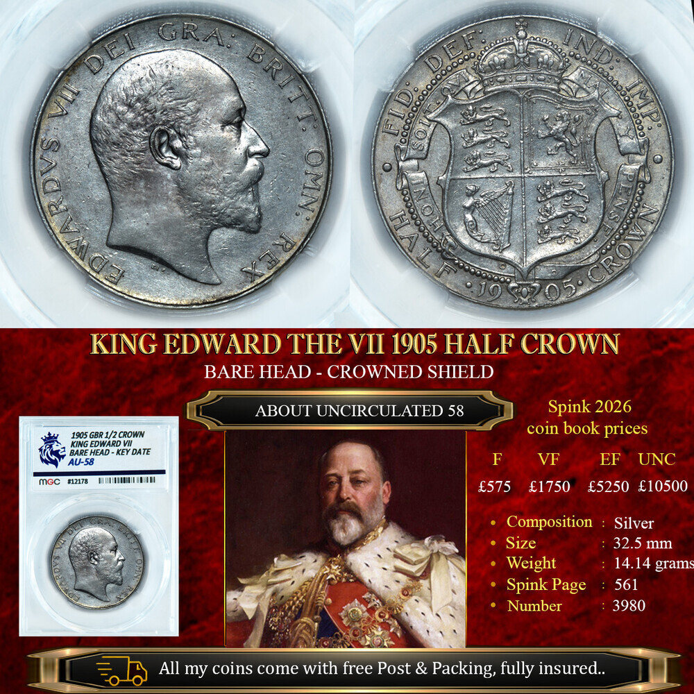 VERY RARE KING EDWARD THE VII 1905 HALF CROWN AU58
