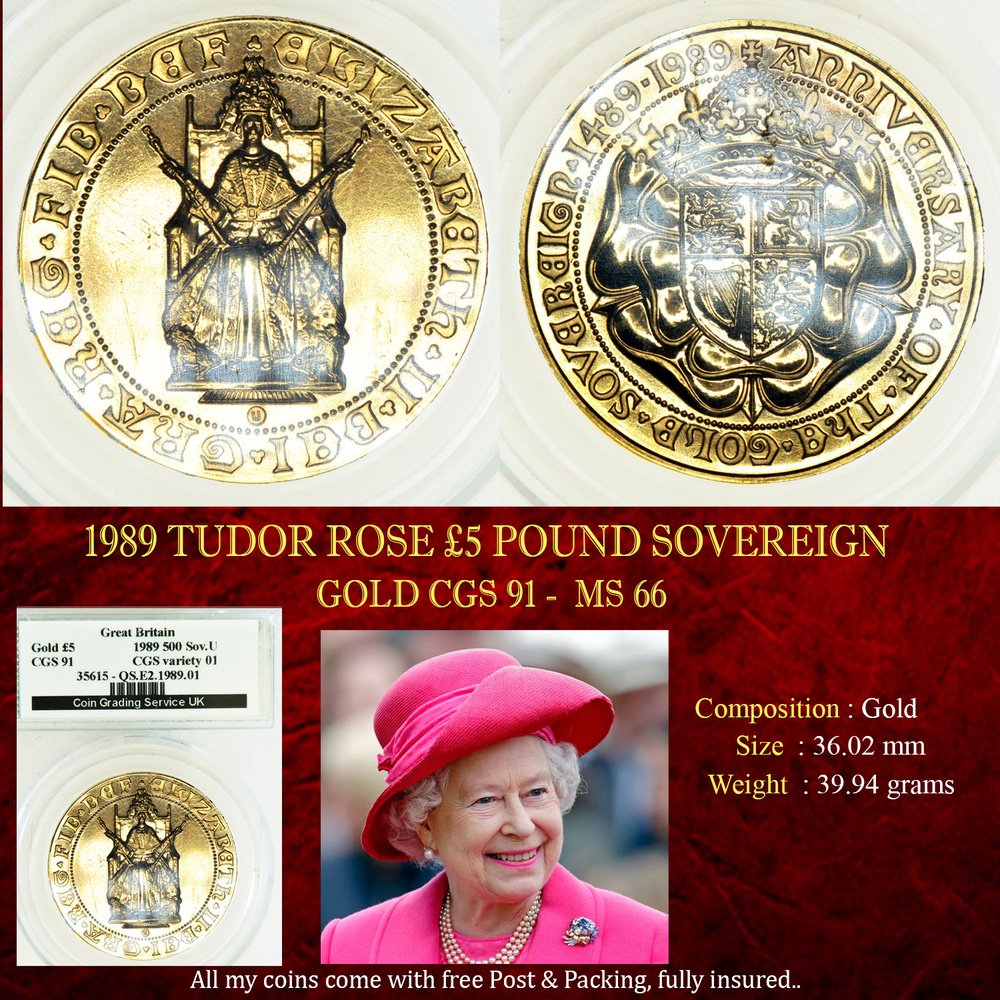 1989 TUDOR ROSE £5 GOLD SOVEREIGN MS66