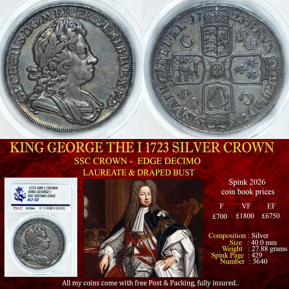 KING GEORGE THE I 1723 SILVER CROWN AU50