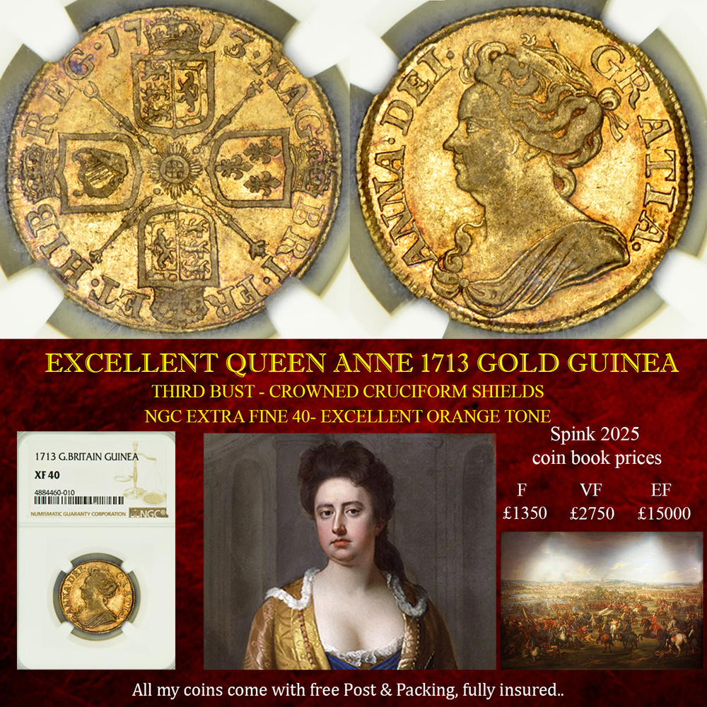 QUEEN ANNE 1713 FULL GOLD GUINEA LOVELY TONING