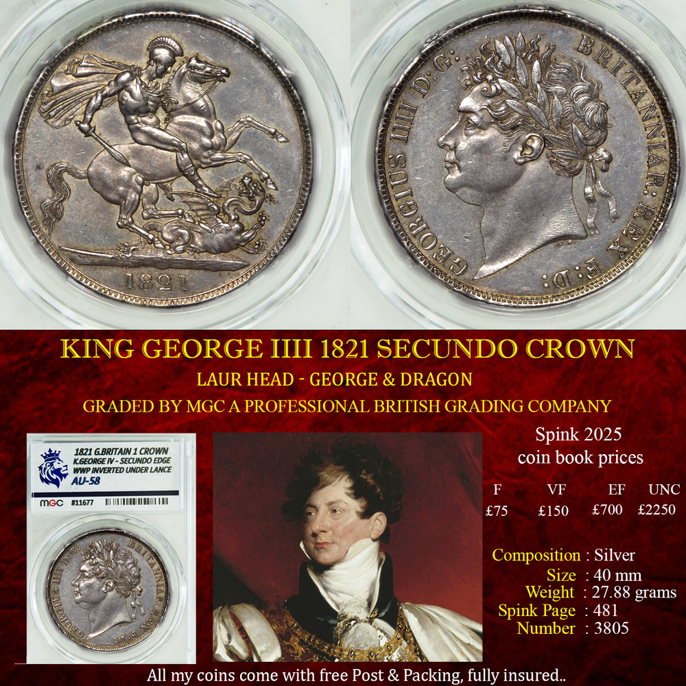 KING GEORGE IIII 1821 SECUNDO CROWN AU58