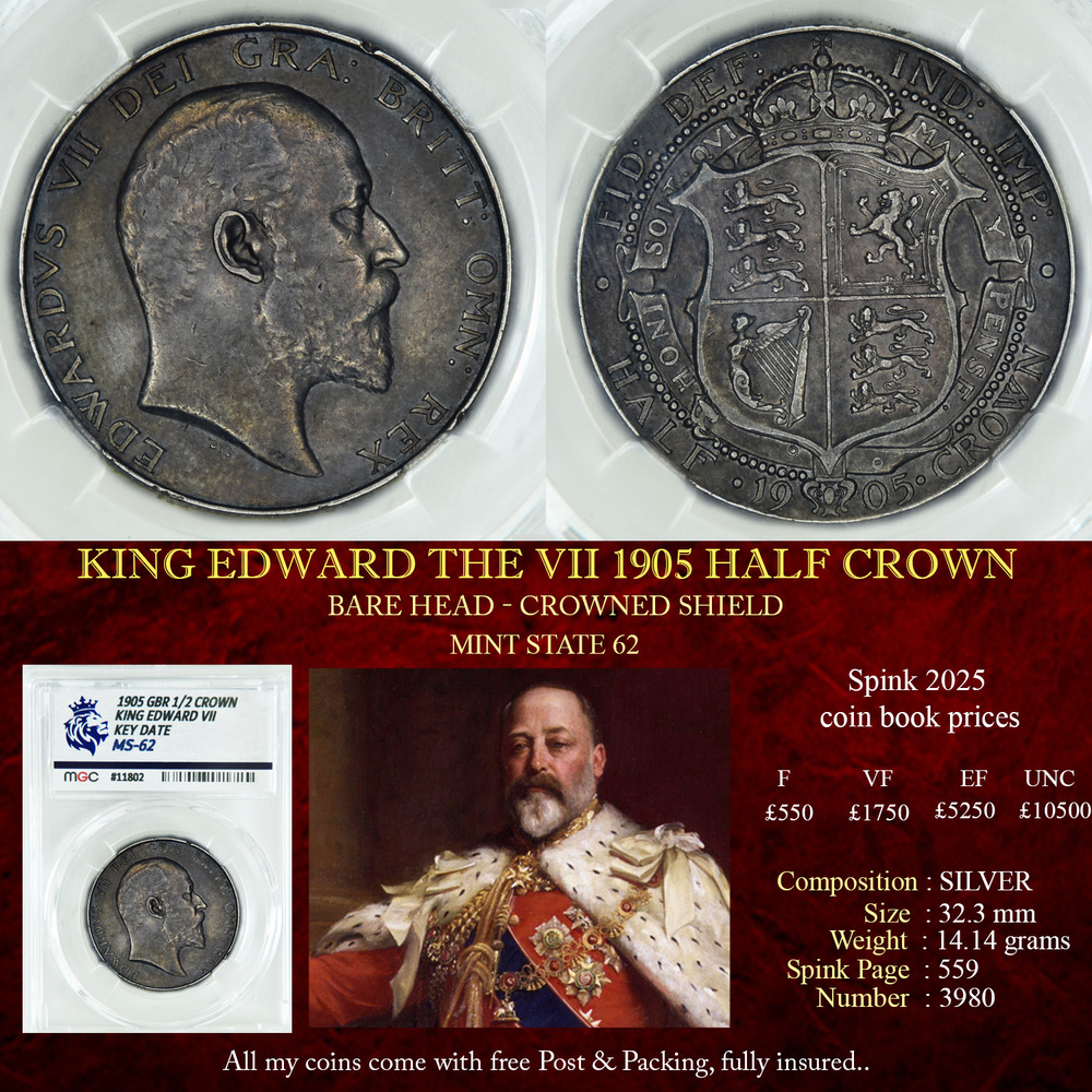 VERY RARE KING EDWARD THE VIII 1905 HALF CROWN