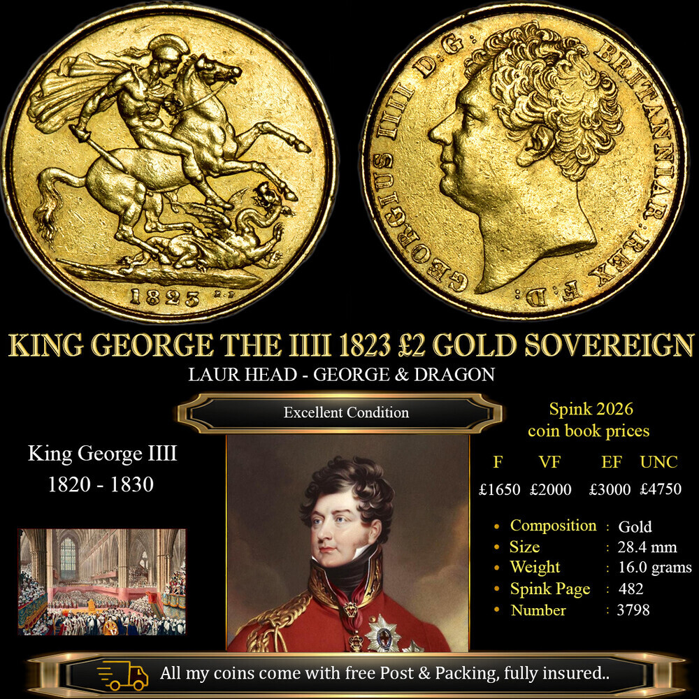 KING GEORGE THE IIII 1823 2 GOLD SOVEREIGN MT BEST
