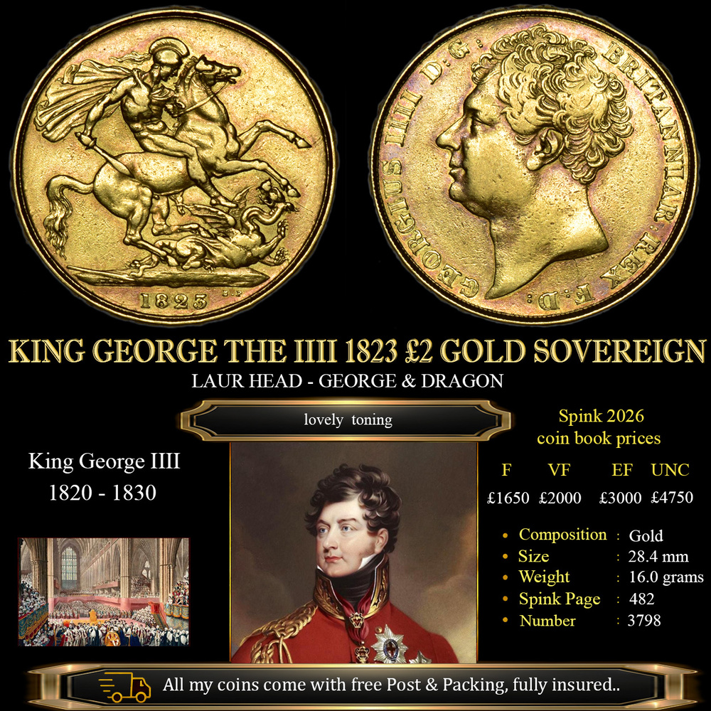 KING GEORGE THE IIII 1823 £2 GOLD SOVEREIGN £2950.00
