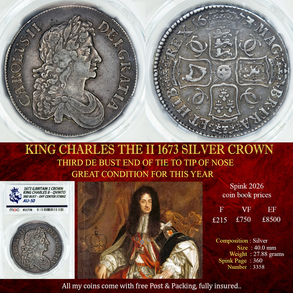 KING CHARLES THE II 1673 SILVER CROWN AU50