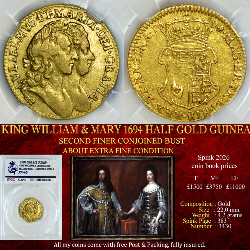 KING WILLIAM MARY 1694 HALF GOLD GUINEA XF45