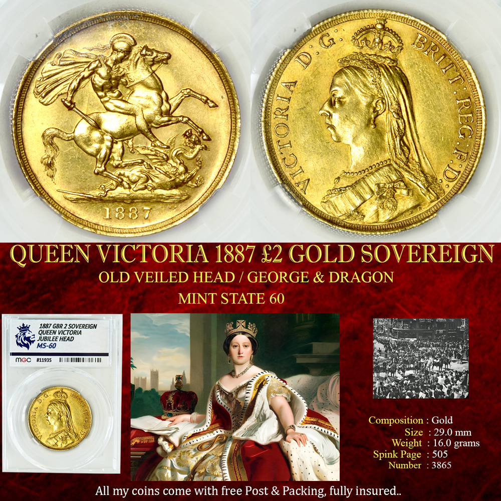 QUEEN VICTORIA 1887 £2 GOLD SOVEREIGN MS60