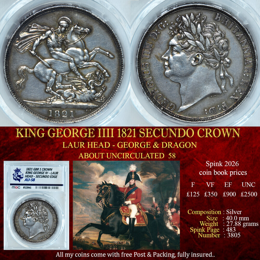 KING GEORGE IIII 1821 SECUNDO CROWN AU58
