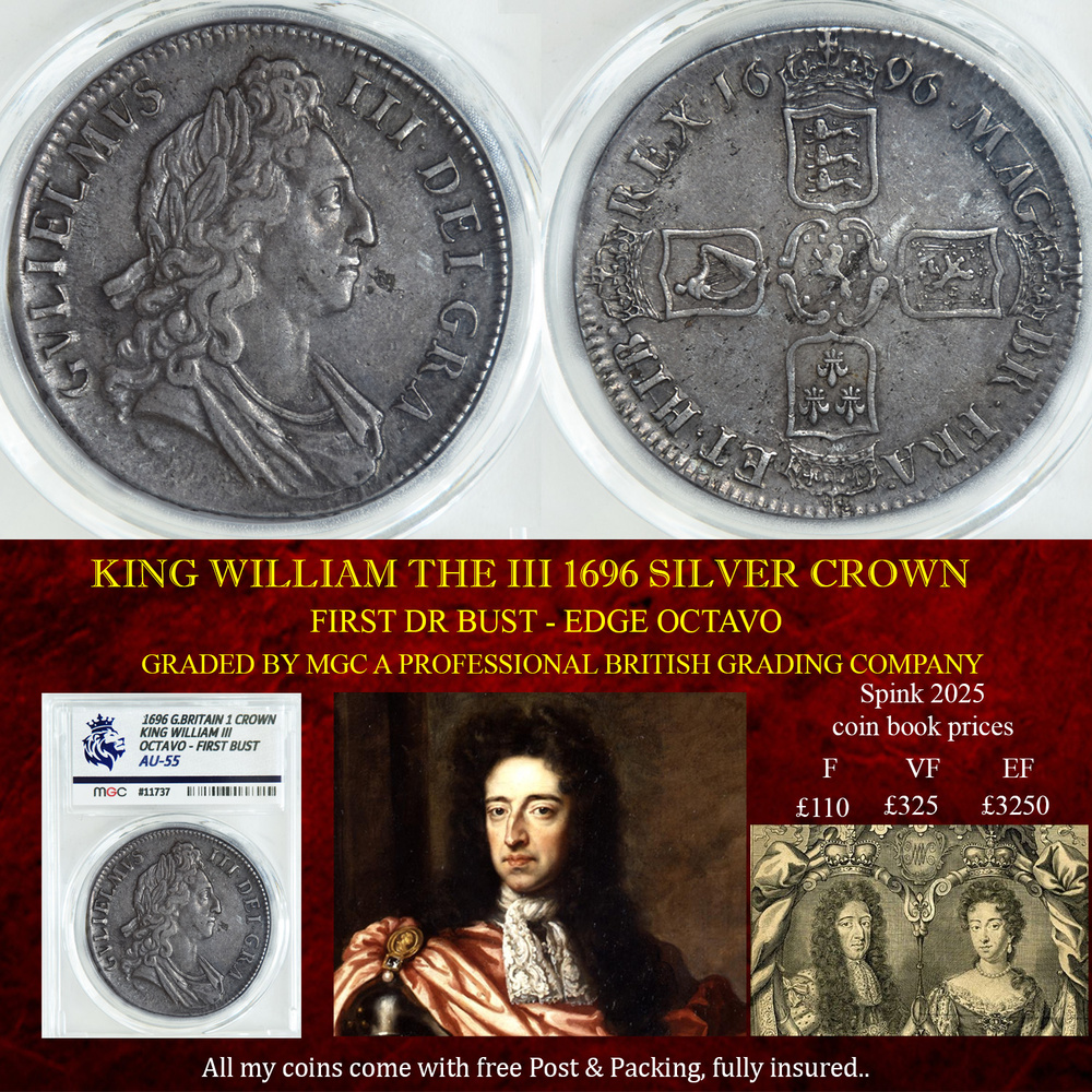 KING WILLIAM THE III 1696 OCTAVO SILVER CROWN AU55