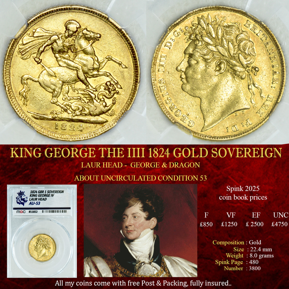 KING GEORGE THE III 1824 GOLD SOVEREIGN AU53