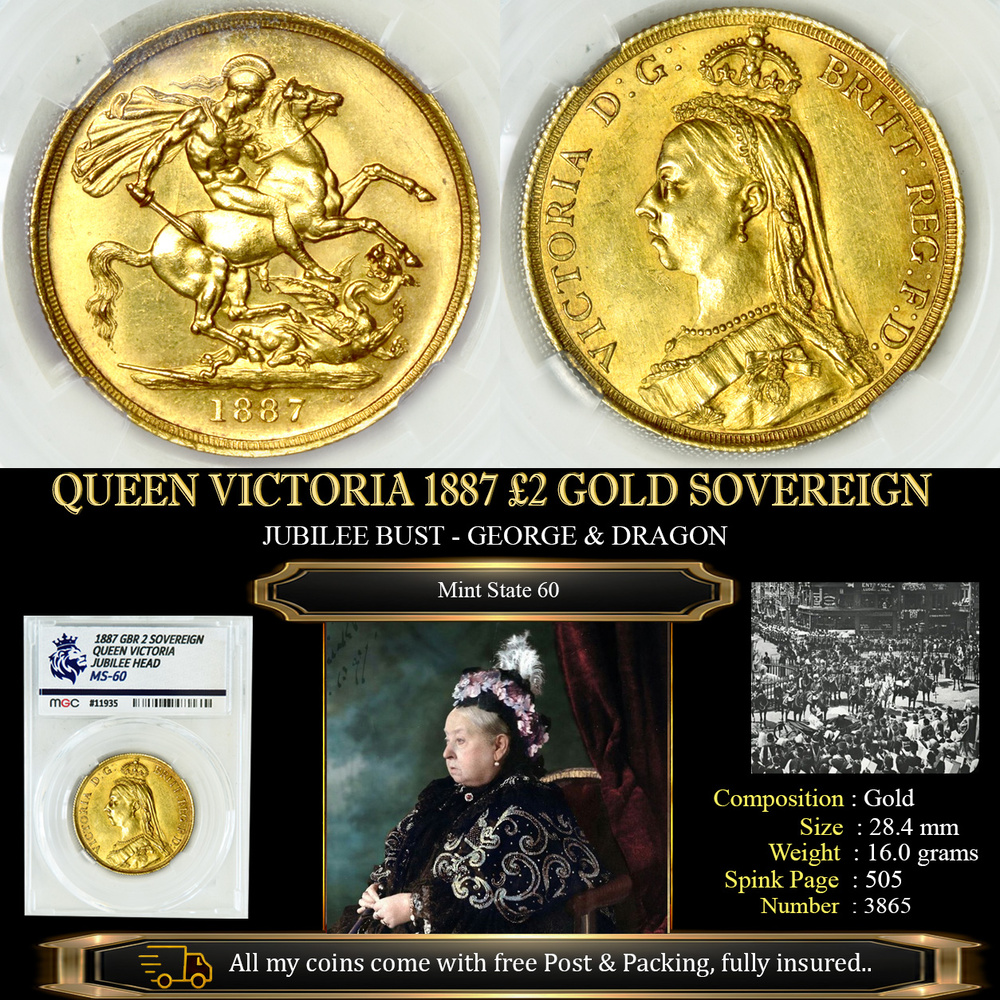QUEEN VICTORIA 1887 £2 GOLD SOVEREIGN MS60