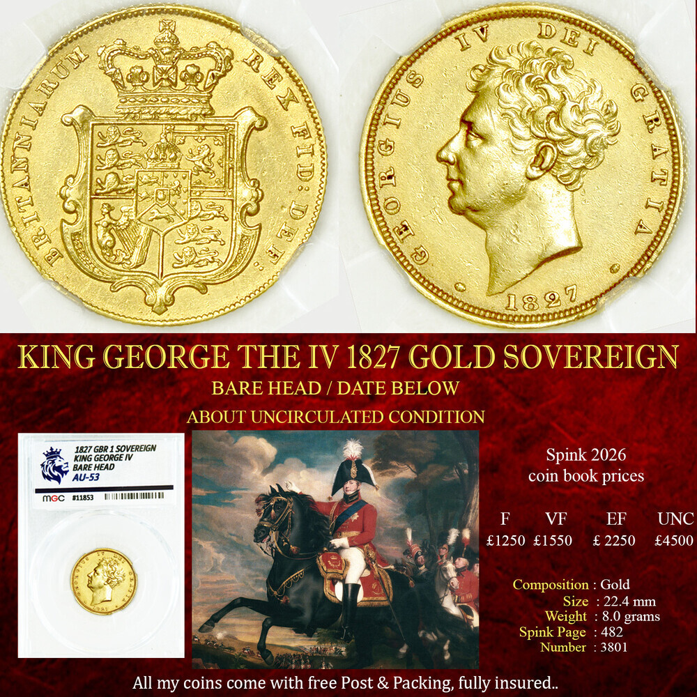 KING GEORGE THE IIII 1827 GOLD SOVEREIGN AU53