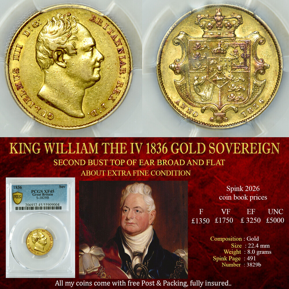 KING WILLIAM THE IV 1836 GOLD SOVEREIGN XF45