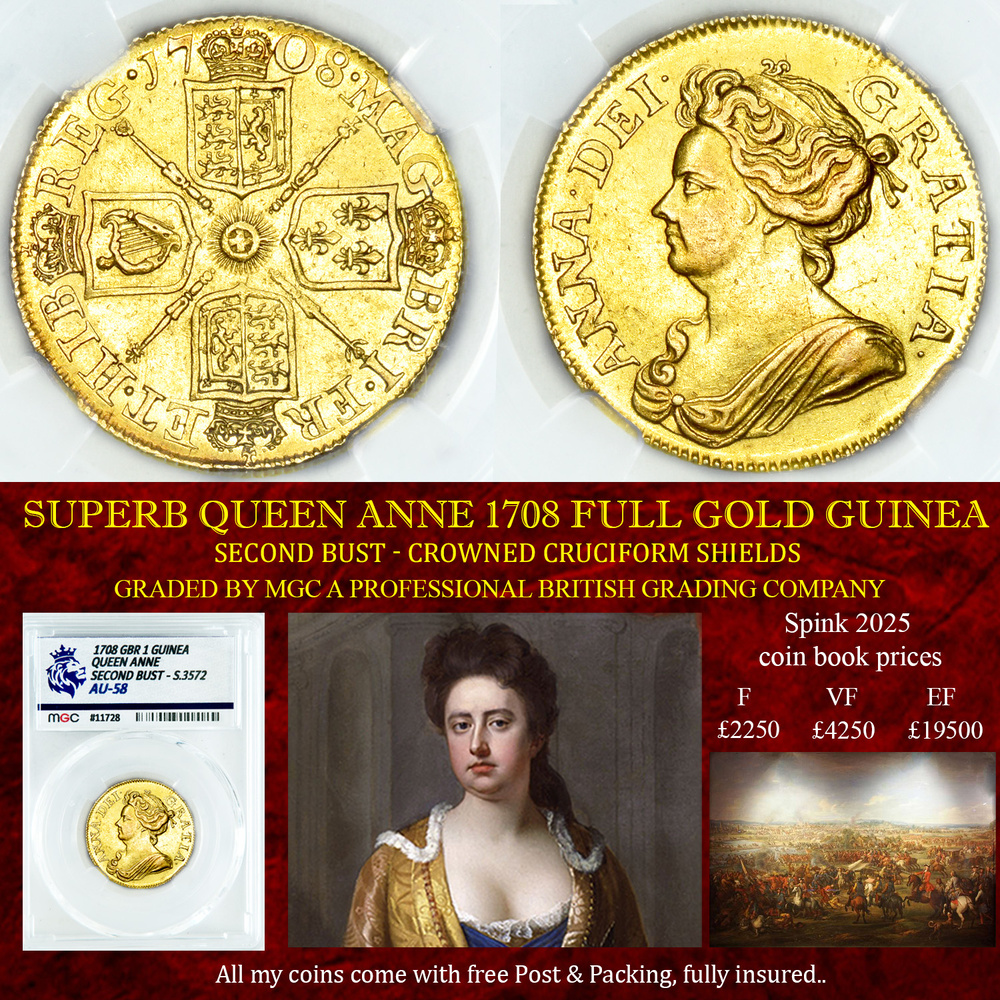 SUPERB QUEEN ANNE 1708 FULL GOLD GUINEA AU58