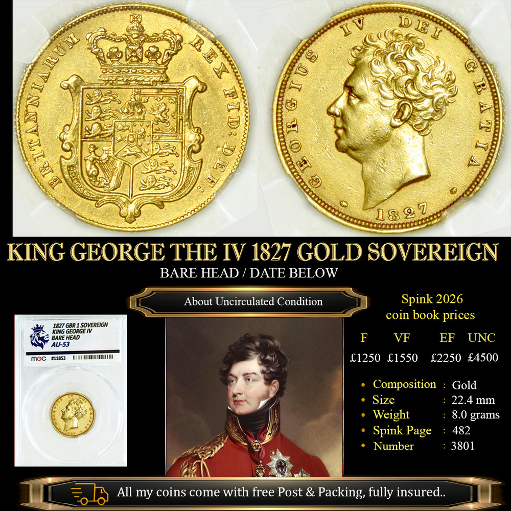 KING GEORGE THE IIII 1827 GOLD SOVEREIGN AU53
