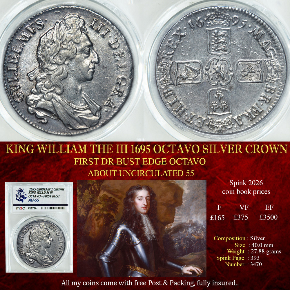 KING WILLIAM THE III 1695 OCTAVO SILVER CROWN AU55