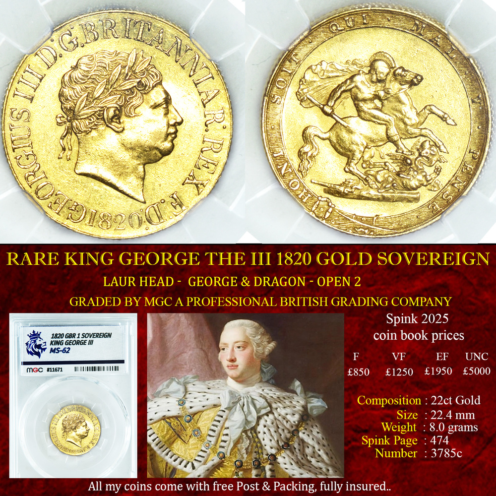 EXCELLENT GEORGE THE III 1820 GOLD SOVEREIGN MS62
