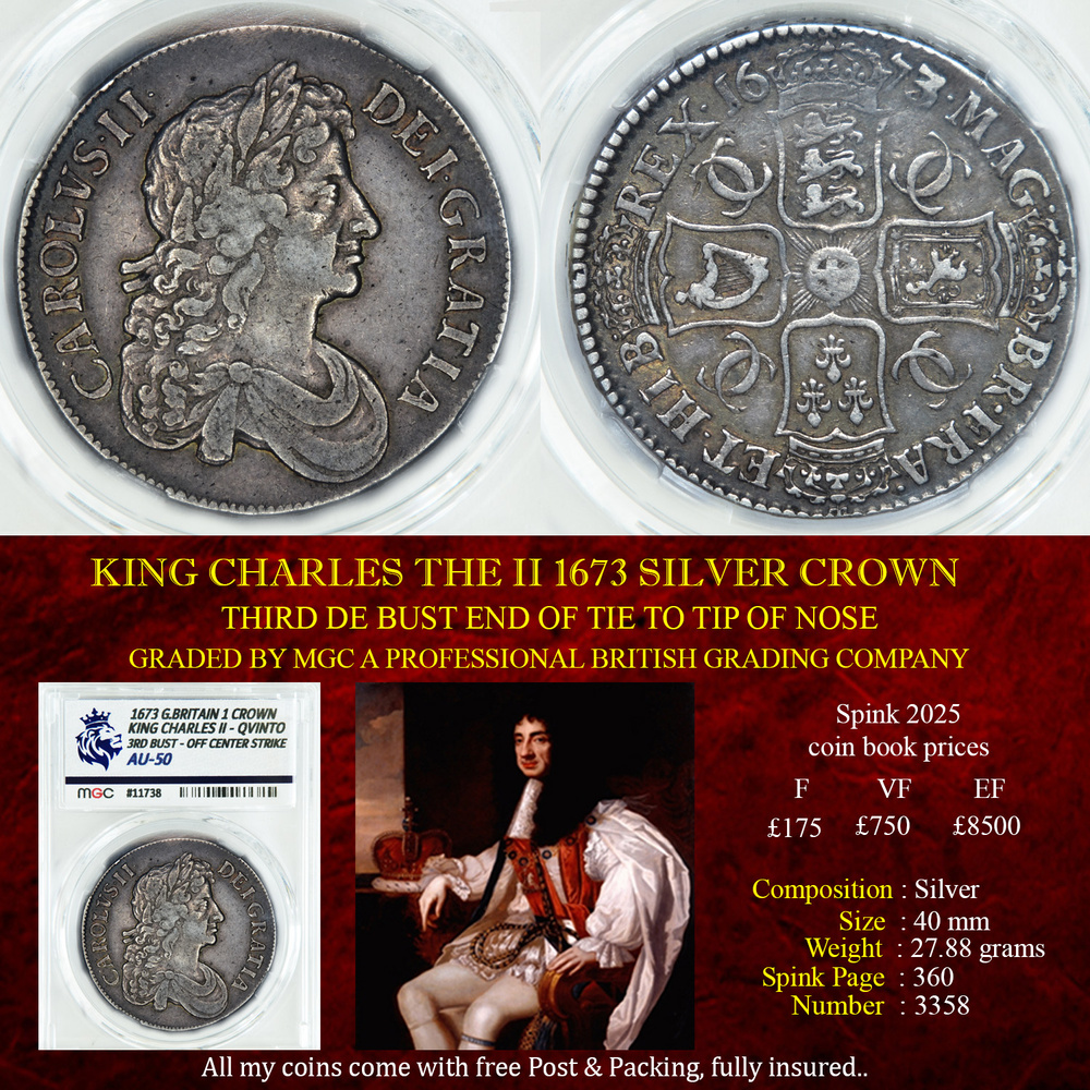 KING CHARLES THE II 1673 SILVER CROWN AU50