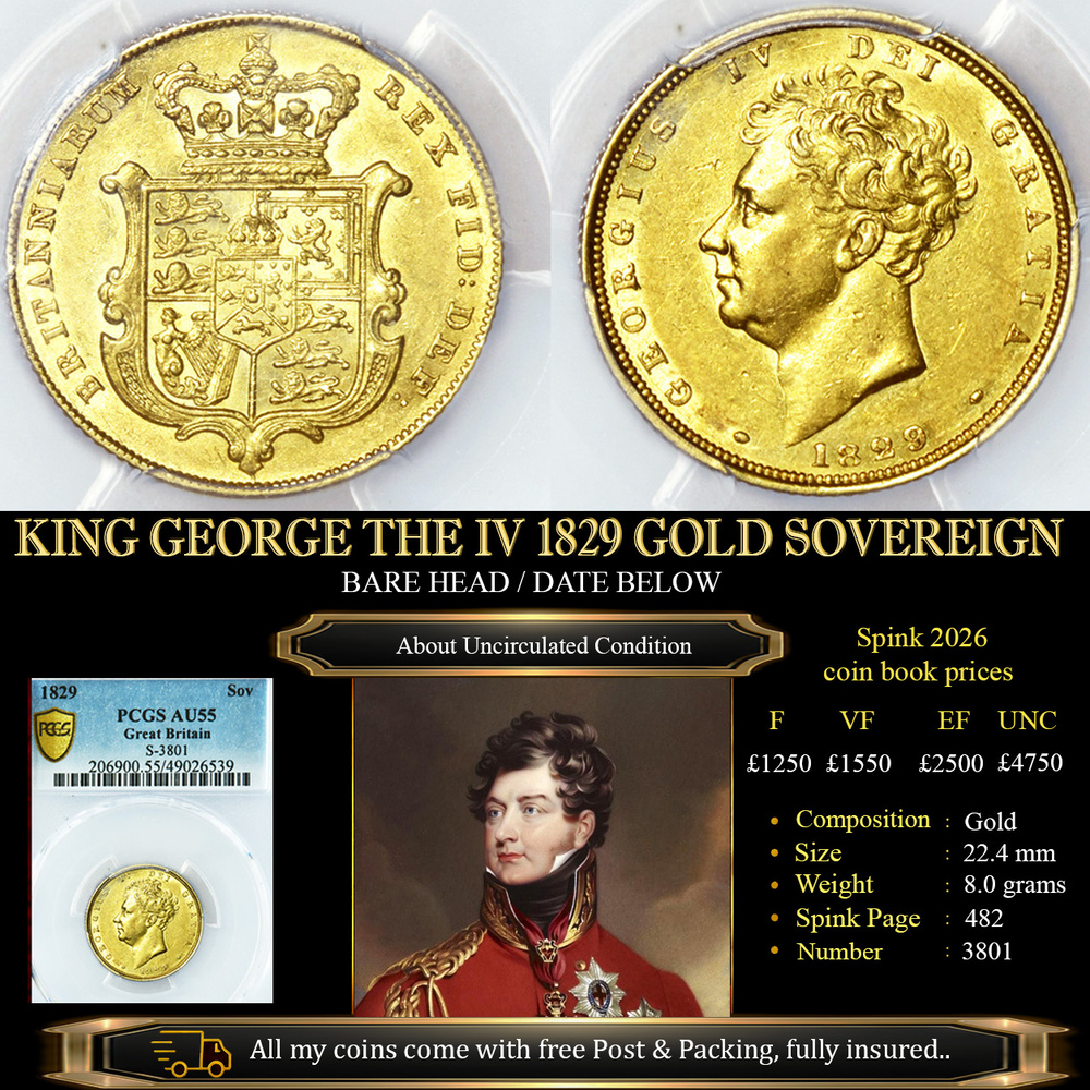 KING GEORGE THE IV 1829 GOLD SOVEREIGN AU55 £2450.00