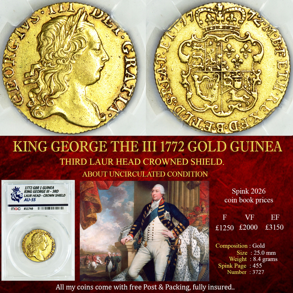 SUPERB KING GEORGE THE III 1772 GOLD GUINEA - AU55