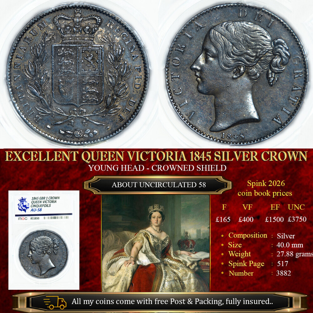 EXCELLENT QUEEN VICTORIA 1845 SILVER CROWN AU58