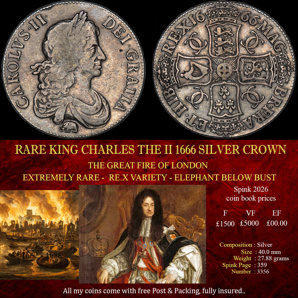 KING CHARLES THE II 1666 SILVER CROWN ELEPHANT BELOW