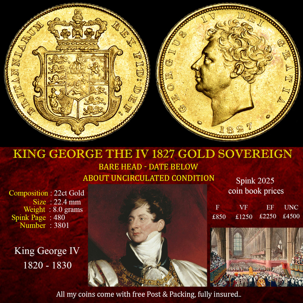 SUPERB KING GEORGE THE IV 1827 GOLD SOVEREIGN