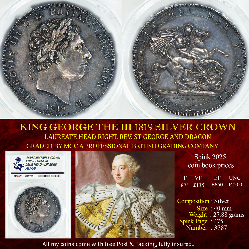 SUPERB KING GEORGE THE III 1819 CROWN AU58