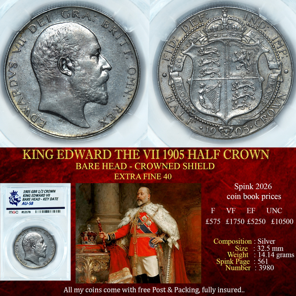 VERY RARE KING EDWARD THE VII 1905 HALF CROWN AU58