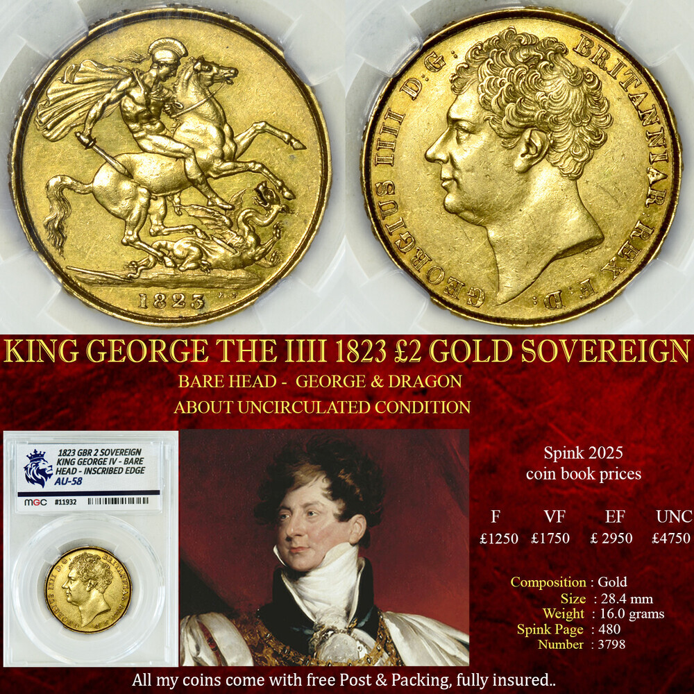 KING GEORGE THE IIII 1823 £2 GOLD SOVEREIGN AU58