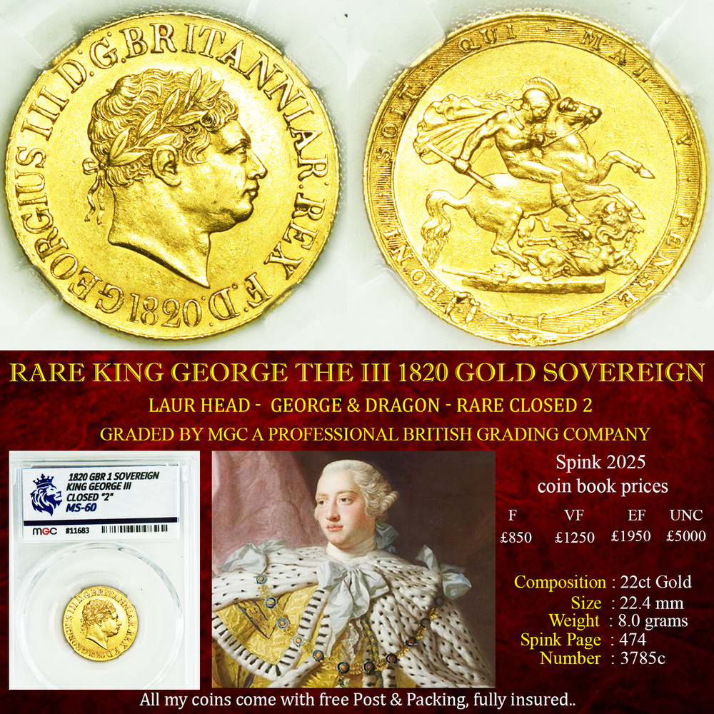KING GEORGE THE III 1820 GOLD SOVEREIGN MS60