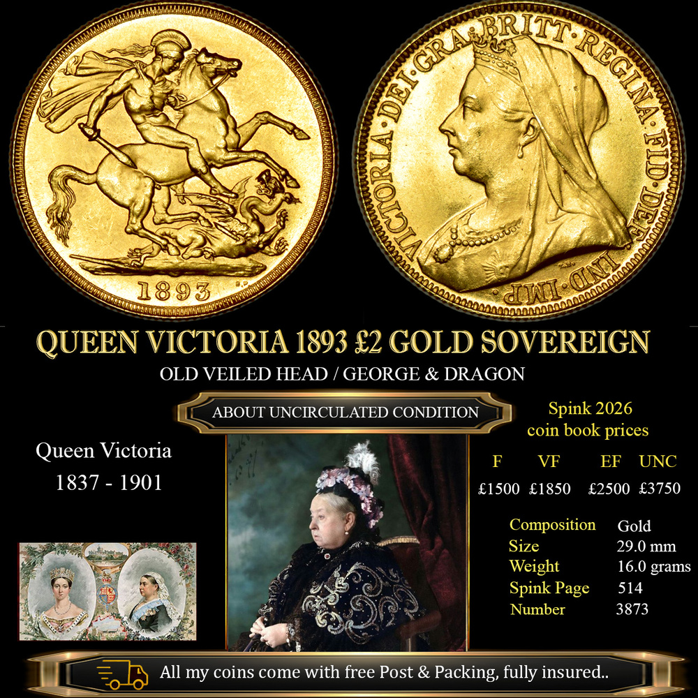 EXCELLENT QUEEN VICTORIA 1893 GOLD £2 SOVEREIGN £3650.00