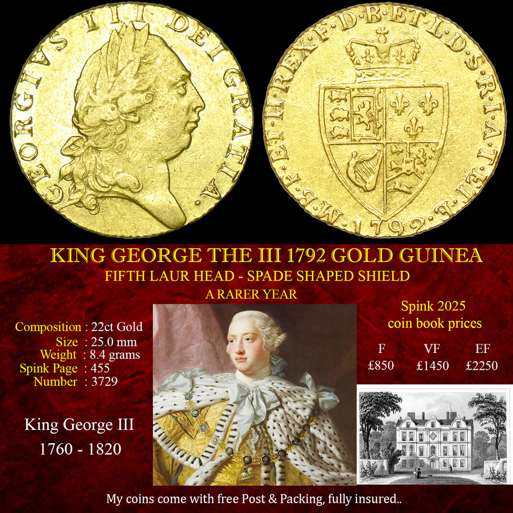 RARE KING GEORGE THE III 1792 GOLD GUINEA