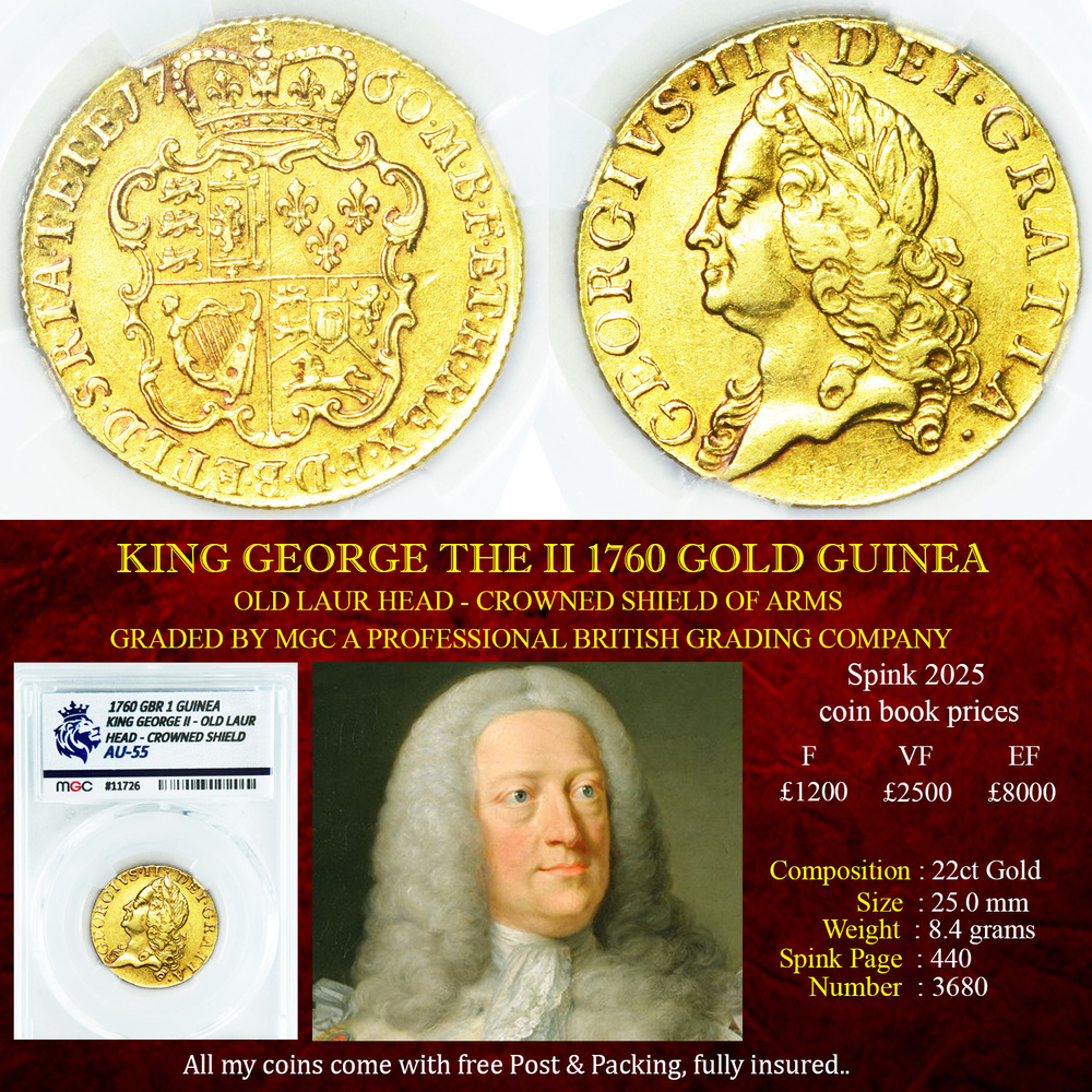 KING GEORGE THE II 1760 GOLD GUINEA AU55