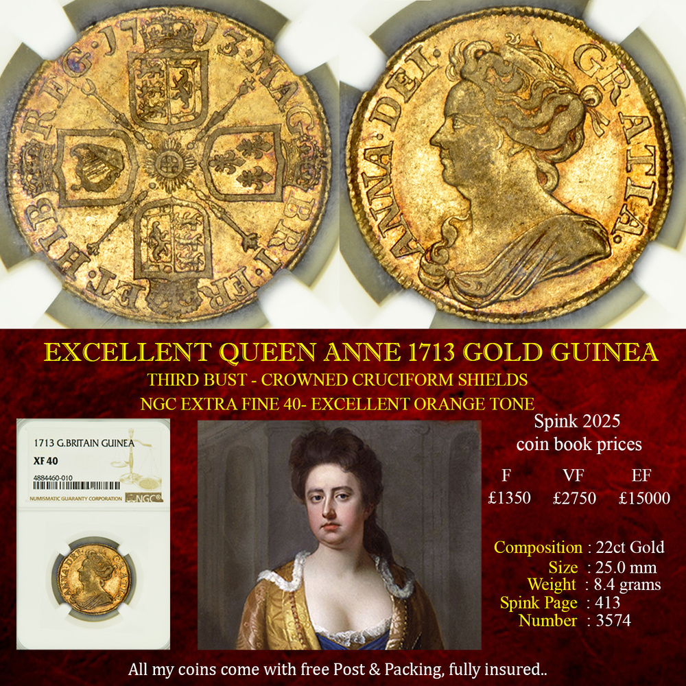 QUEEN ANNE 1713 FULL GOLD GUINEA LOVELY TONING
