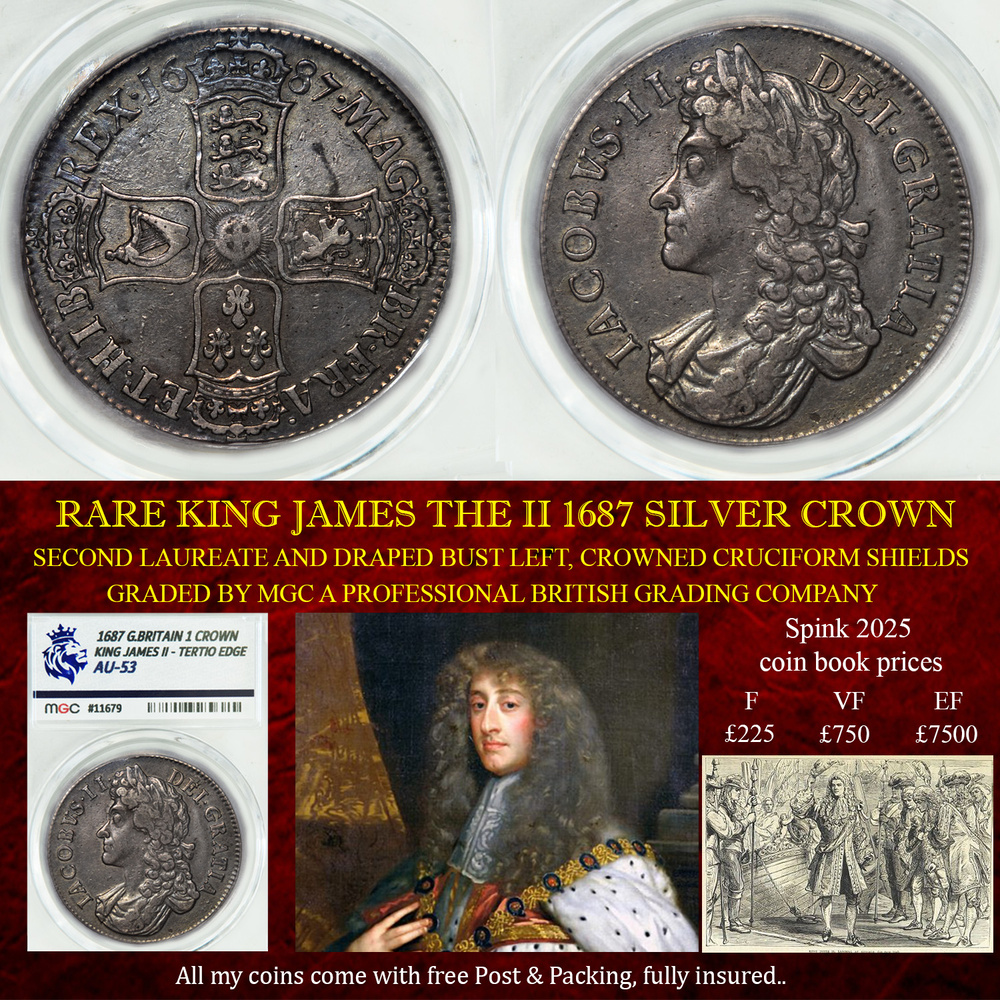RARE KING JAMES THE II 1687 SILVER CROWN