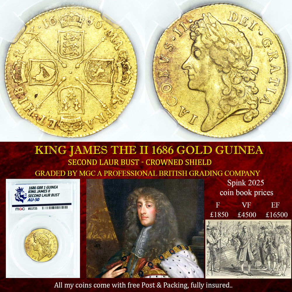 KING JAMES THE II 1686 GOLD GUINEA AU50