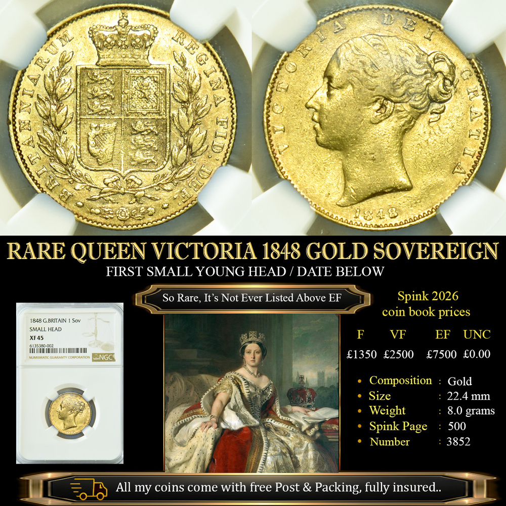 VERY RARE QUEEN VICTORIA 1848 GOLD SOVEREIGN XF45