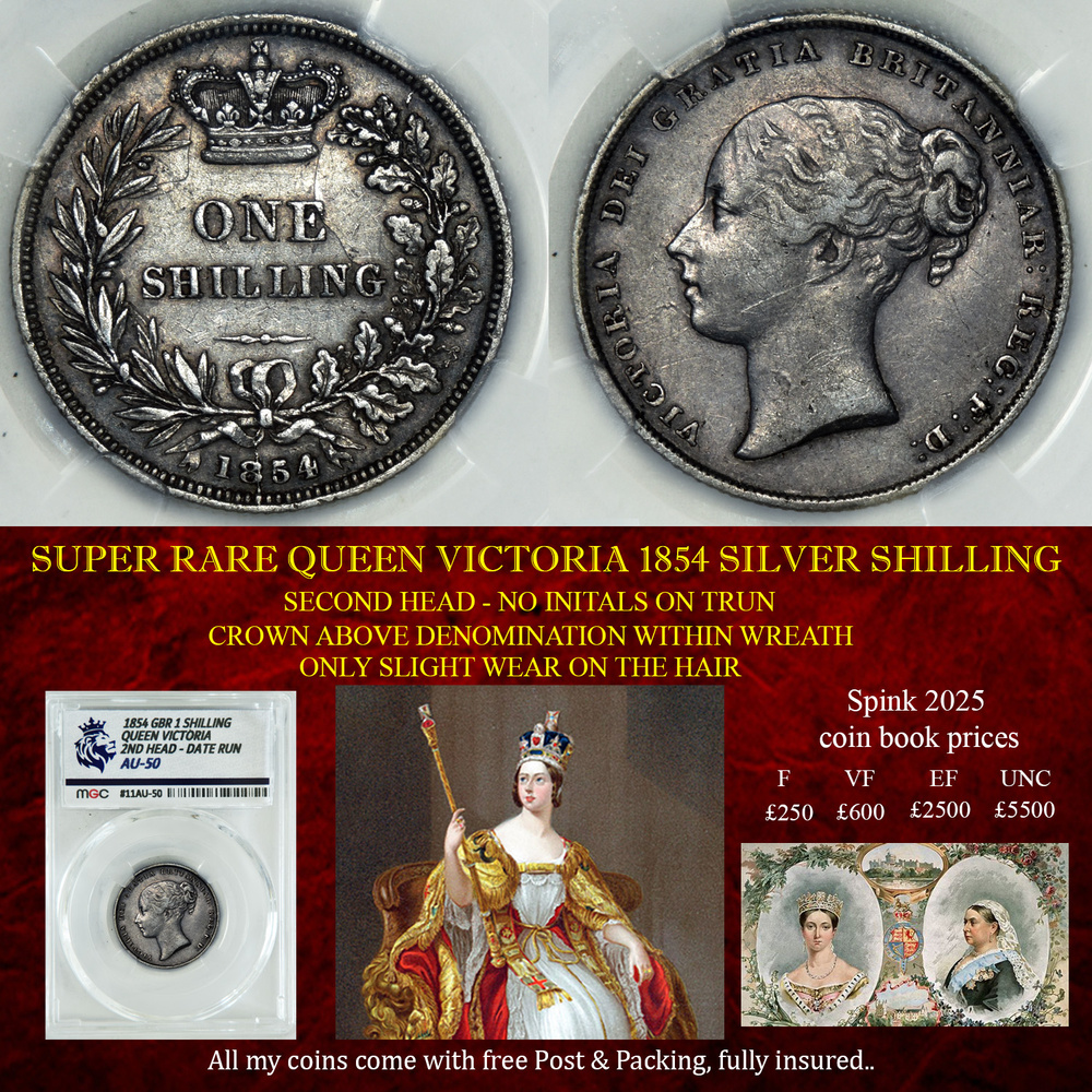 SUPER RARE QUEEN VICTORIA 1854 SILVER SHILLING AU50