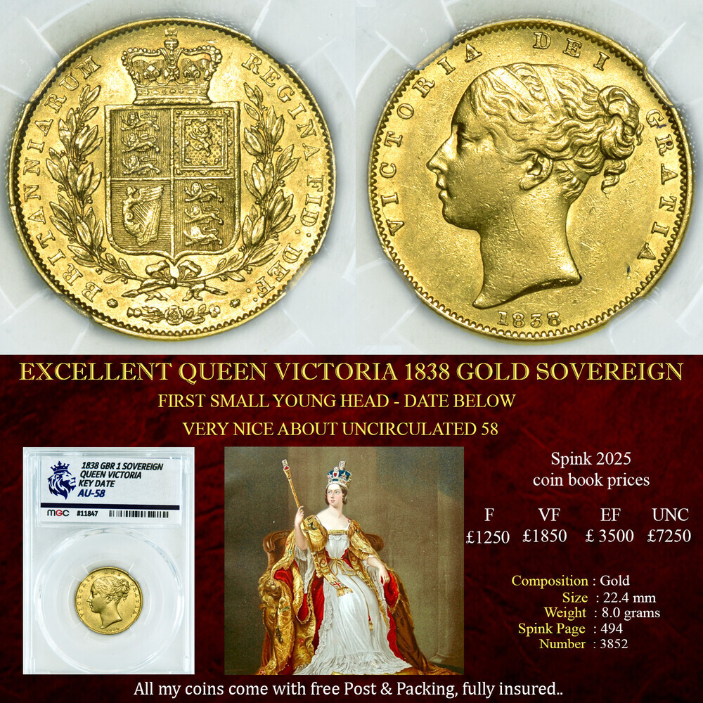 EXCELLENT QUEEN VICTORIA 1838 GOLD SOVEREIGN AU58