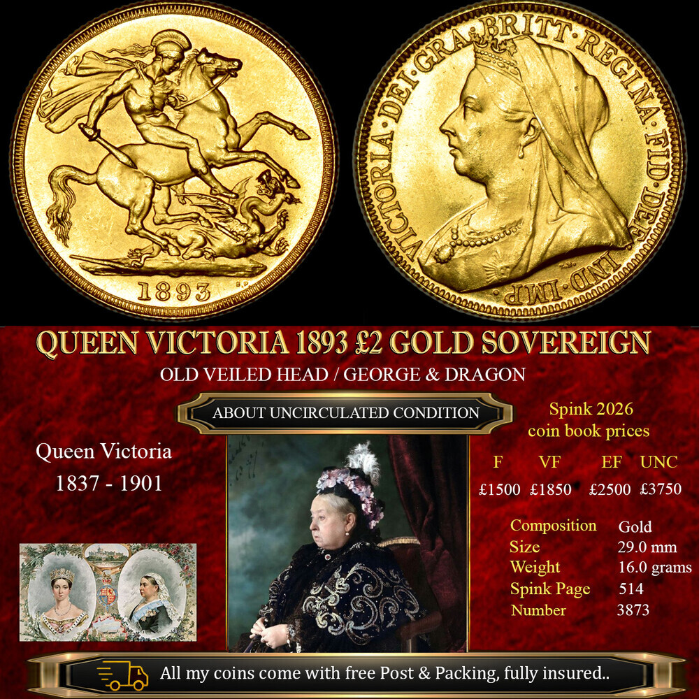 EXCELLENT QUEEN VICTORIA 1893 GOLD £2 SOVEREIGN