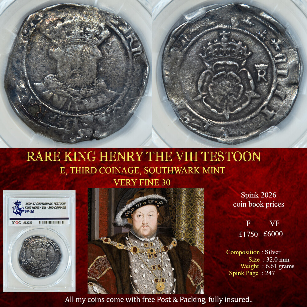 RARE KING HENRY THE VIII TESTOON VF30