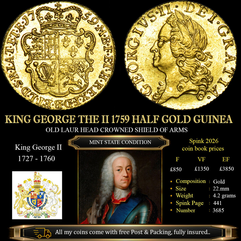 SUPERB KING GEORGE THE II 1759 HALF GOLD GUINEA