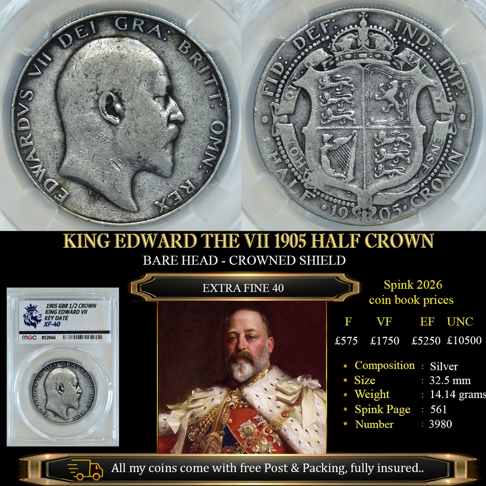 VERY RARE KING EDWARD THE VII 1905 HALF CROWN XF40 £950.00