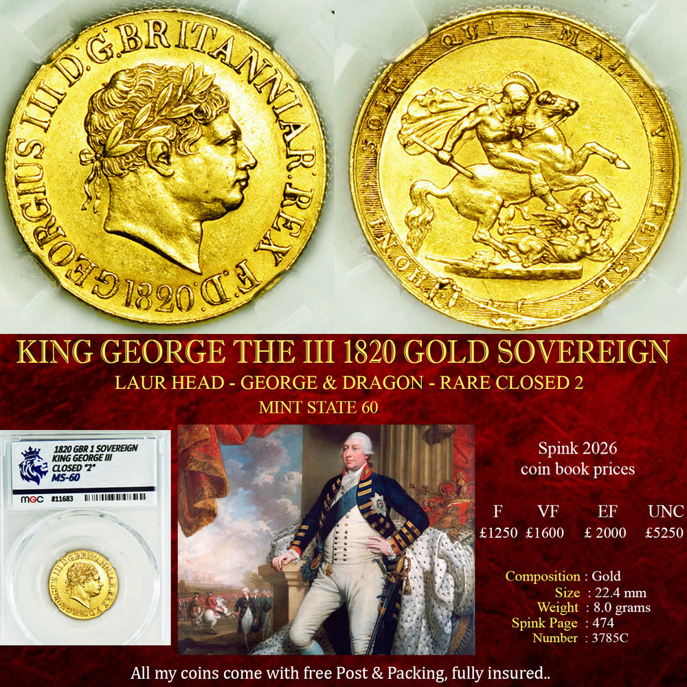 KING GEORGE THE III 1820 GOLD SOVEREIGN MS60