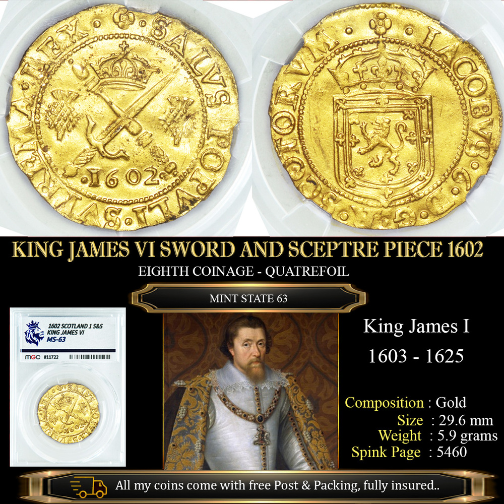 KING JAMES VI SWORD & SCEPTRE 1602, MS63