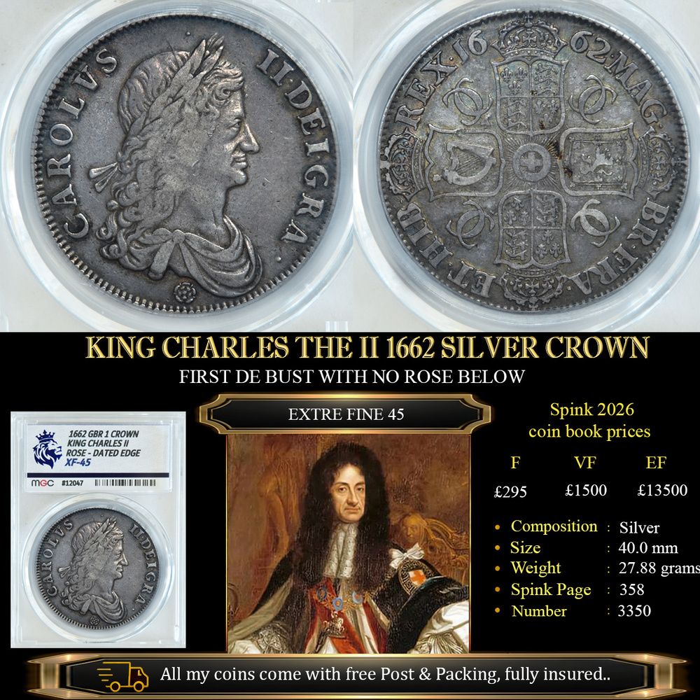 NICE KING CHARLES THE II 1662 SILVER CROWN XF45
