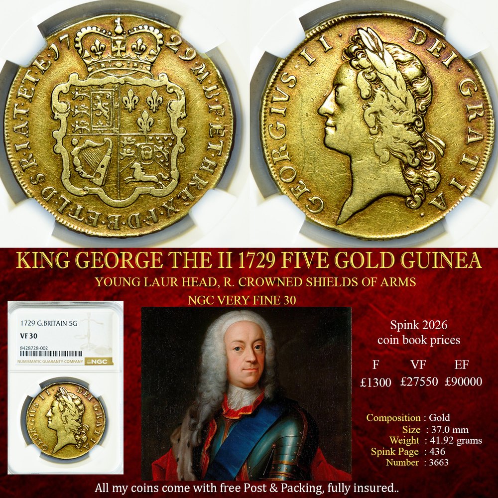 KING GEORGE THE II 1729 FIVE GOLD GUINEA VF30