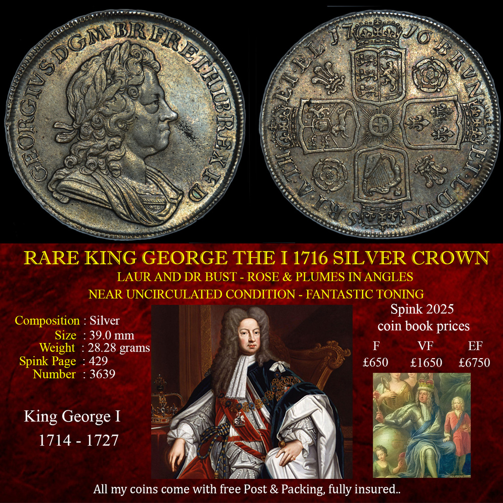 RARE KING GEORGE THE I 1716 SILVER CROWN