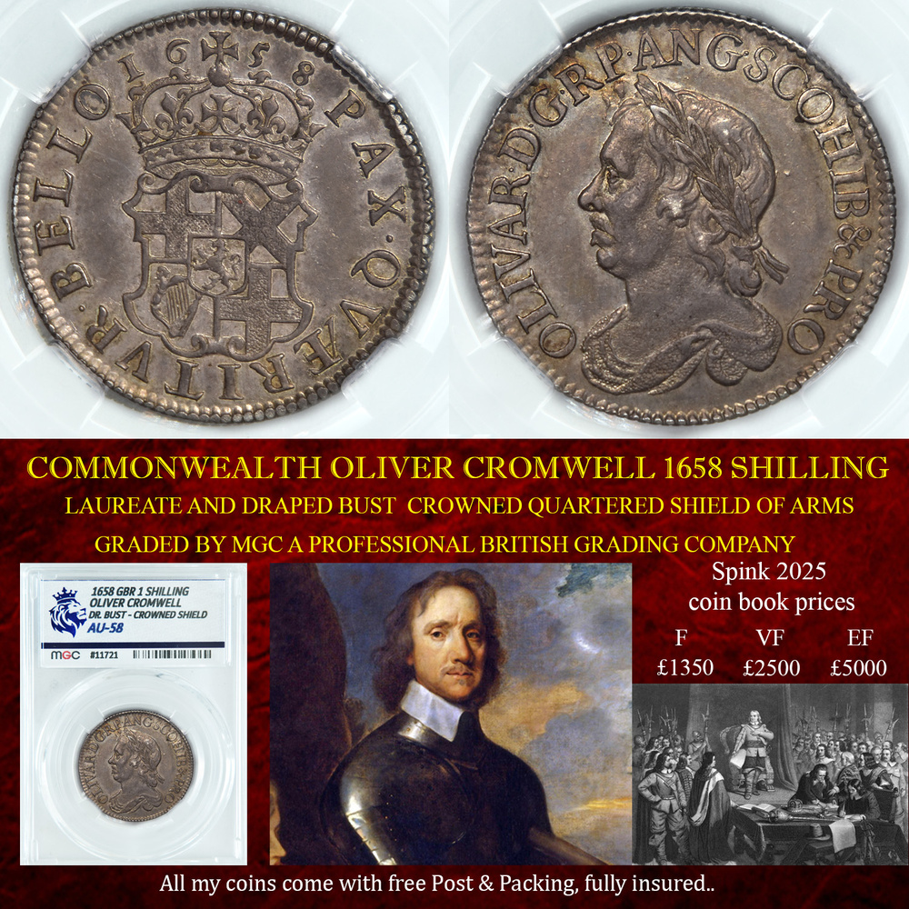 SUPERB OLIVER CROMWELL 1658 SHILLING AU58